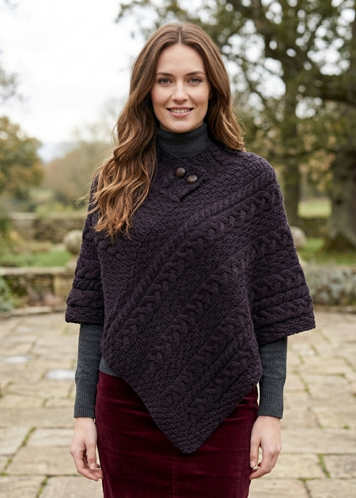 Aran Merino Wool Poncho | Velvet Plum