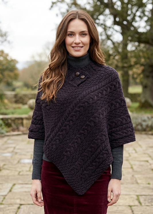 Aran Merino Wool Poncho | Velvet Plum