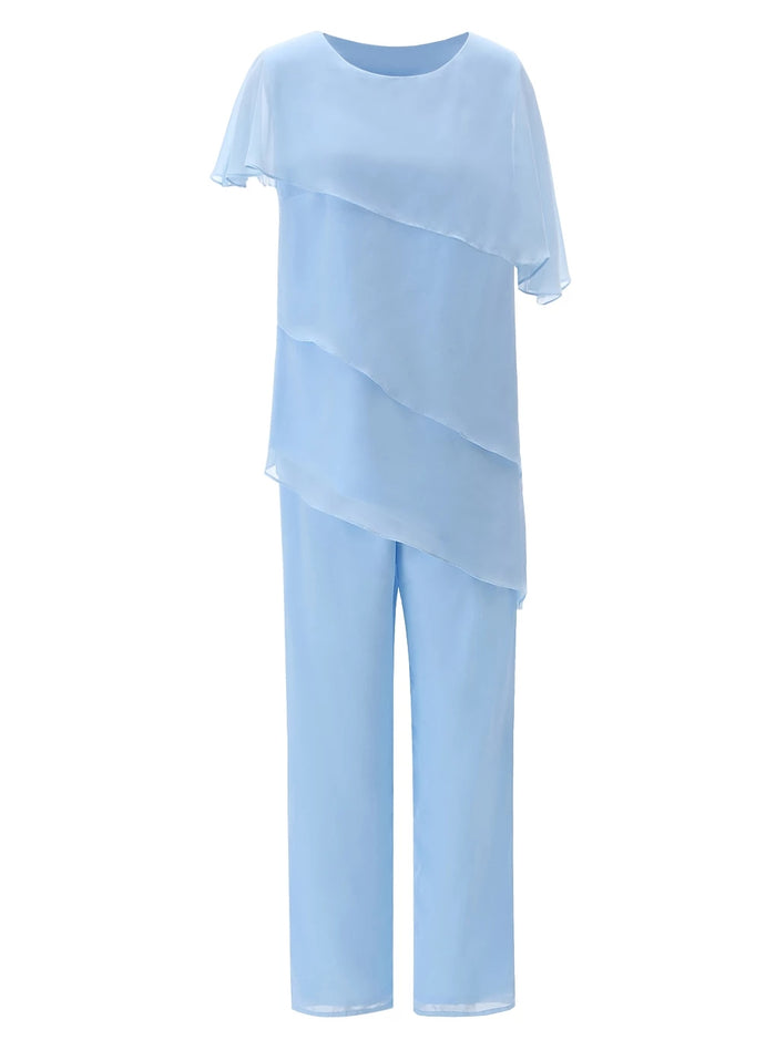 Asymmetrical Layering Chiffon 2 Pieces Mother of the Bride Dress Pant Suits for Wedding Party
