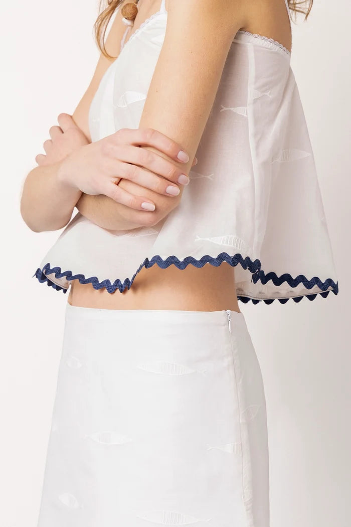 Ava Mini Skirt White Embroidered Fish Cotton Skirt Larroudé x Sheridan