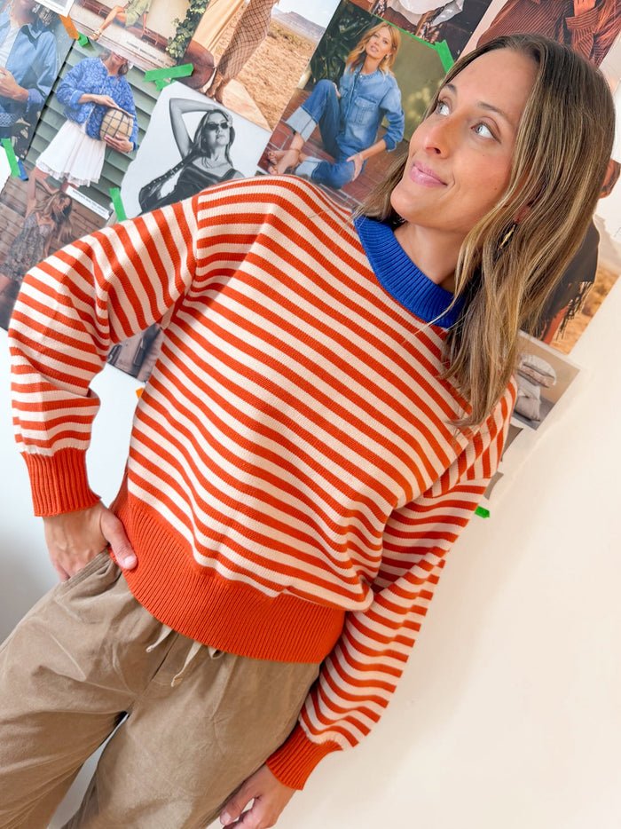 Baela Striped Crewneck Sweater- Pumpkin