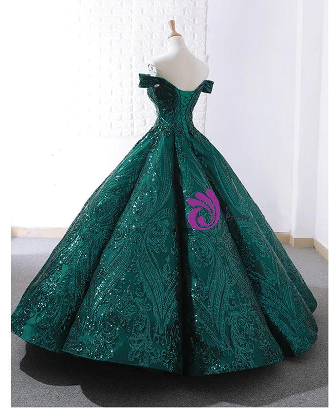 Ball Gown Prom Dress 2021 Dark Green Pattern Sequin Corset Back