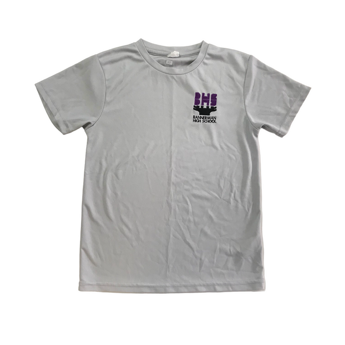 Second-hand Bannerman High School black senior gym sports t-shirt, flat lay view for S5 and S6 pupils.
