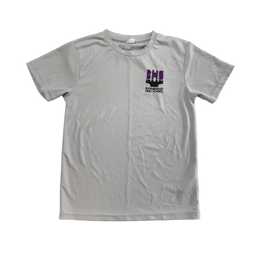 Second-hand Bannerman High School black senior gym sports t-shirt, flat lay view for S5 and S6 pupils.