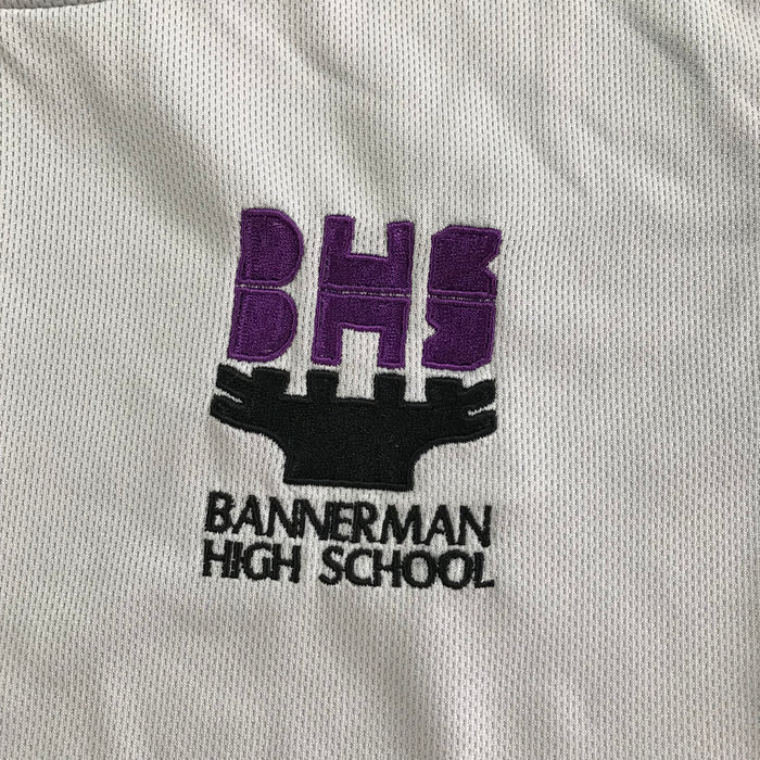 Second-hand Bannerman High School black senior gym sports t-shirt, flat lay view for S5 and S6 pupils.