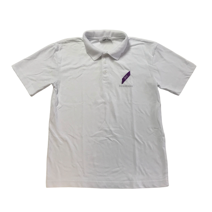 Second-hand Bannerman High School white polo shirt, flat lay view of short-sleeved PE uniform item.