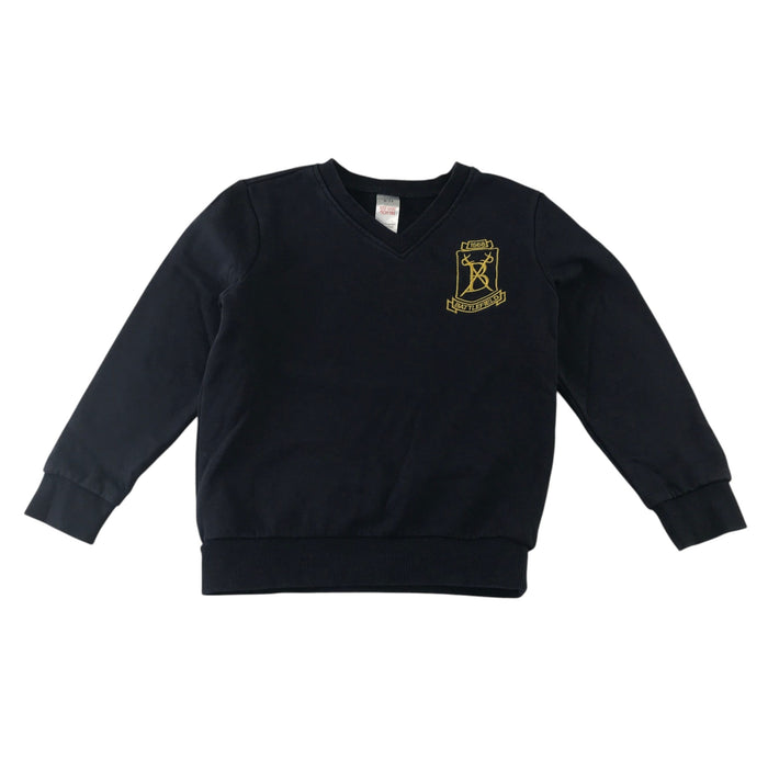 Second-hand Battlefield Primary School navy jersey V-neck sweatshirt, flat lay view with embroidered badge.