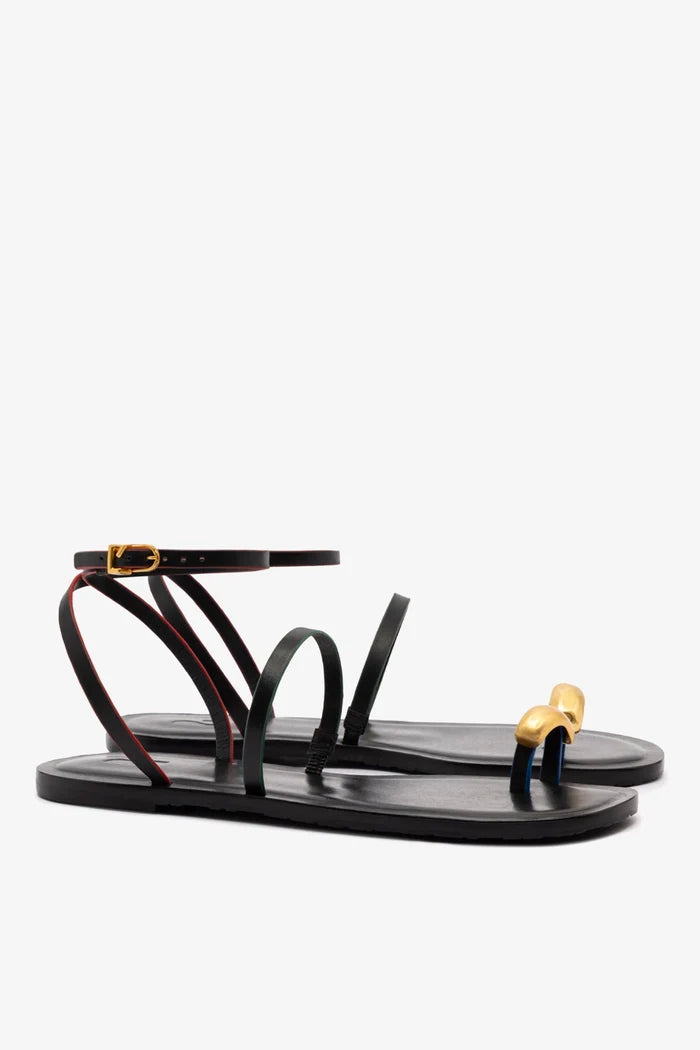 Biarritz Flat Sandal In Black Leather Flat - Sandal Larroudé