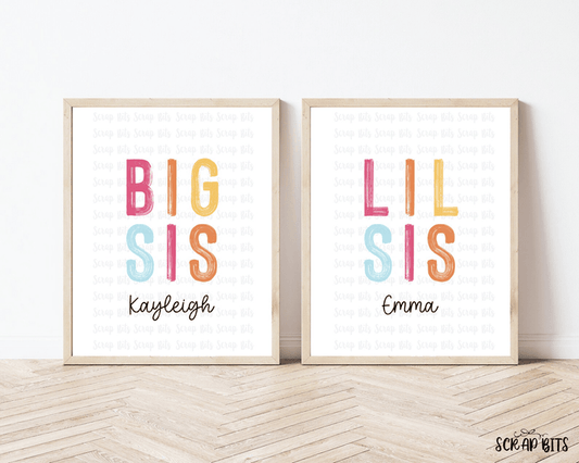 Big Sis + Lil Sis Wall Art Set . Bright Boho Paintstroke - Scrap Bits