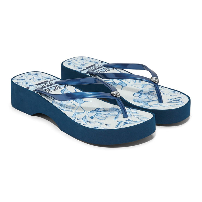 Brighton blue rubber wedge flip-flops with floral print footbed and crystal accents on straps on a white background