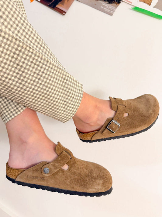 Birkenstock Boston Suede Dark Tea Leather Clog – women's mules/slides