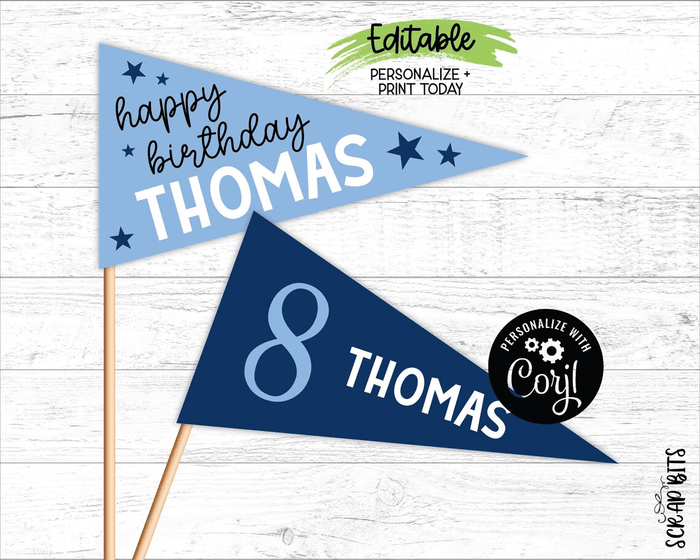 Birthday Pennant Flag, Name + Age . Personalized Printable Party Decor or Photo Prop, Instant Access EDITABLE Template - Scrap Bits