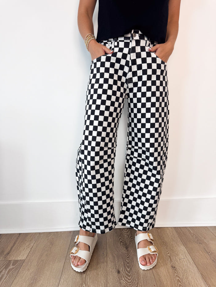 Mittoshop Black Checkered Barrel Denim – women's bottoms