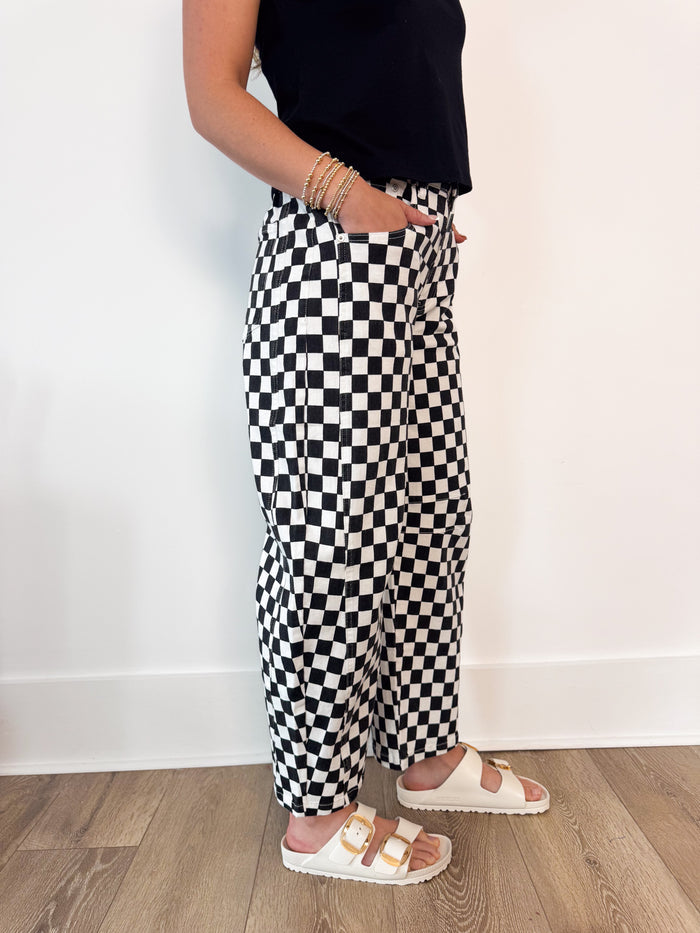 Mittoshop Black Checkered Barrel Denim – women's bottoms