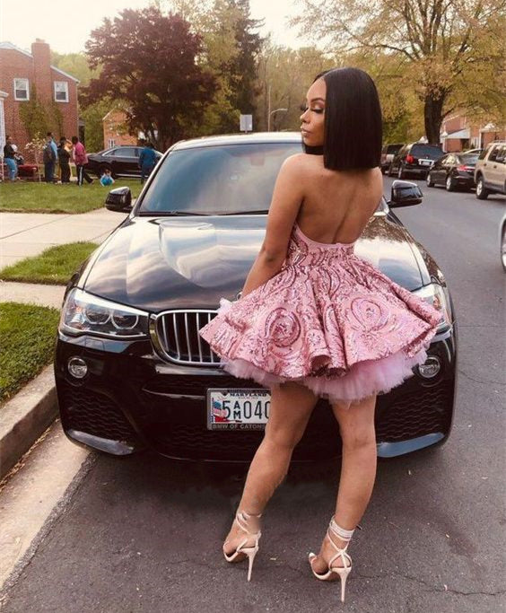 Black Girl Homecoming Dress 2022 Short skirt Tier Beautiful back sleeveless Halter Neck with Sparkle