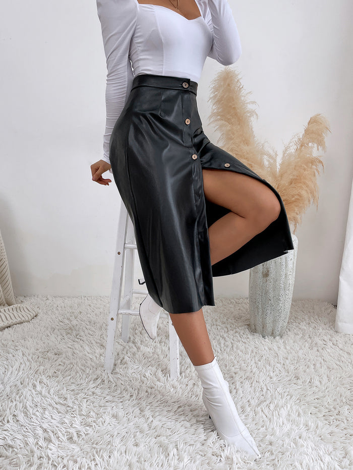 Black High-waisted PU A-line Tea-length Skirt with Slit Buttons