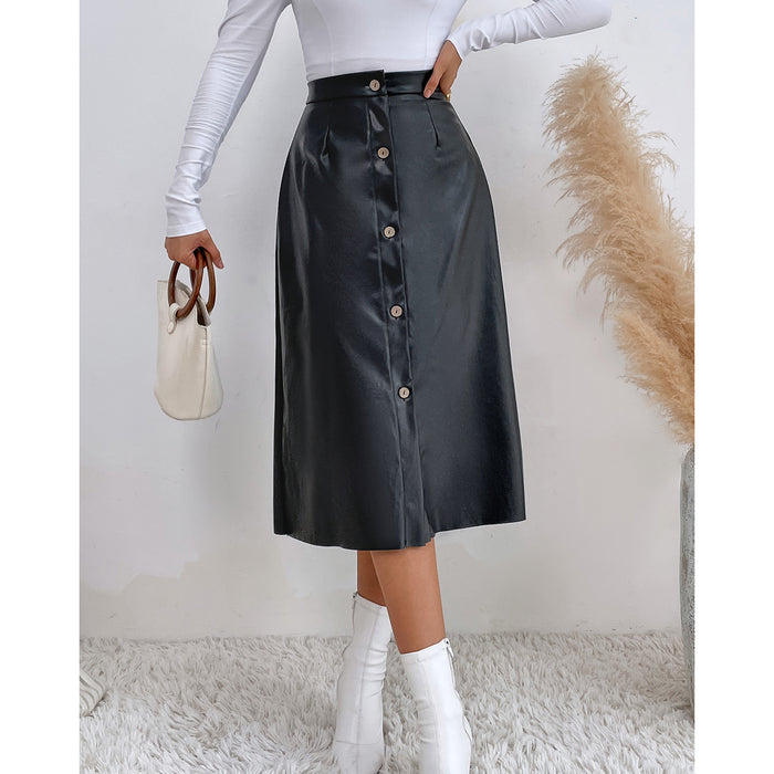 Black High-waisted PU A-line Tea-length Skirt with Slit Buttons