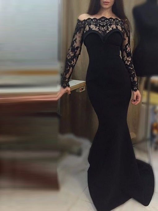 Black Lace Satin Long Prom Dress 2021 Halloween Dress with Long Sleeves
