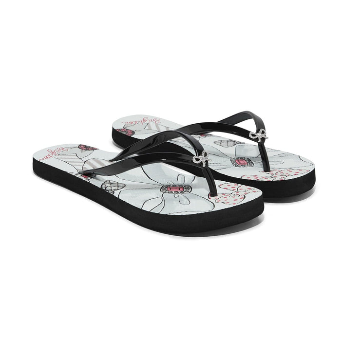 Brighton black rubber flip-flop sandals with floral print footbed and silver-tone bow accents on a white background