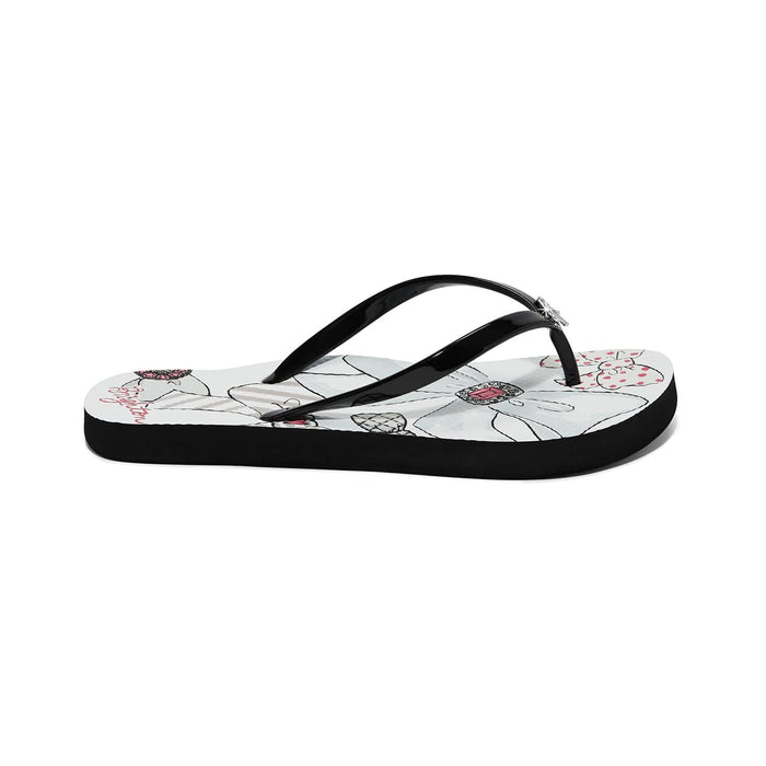 Brighton black rubber flip flop sandals with floral print footbed and crystal flower accent on a white background