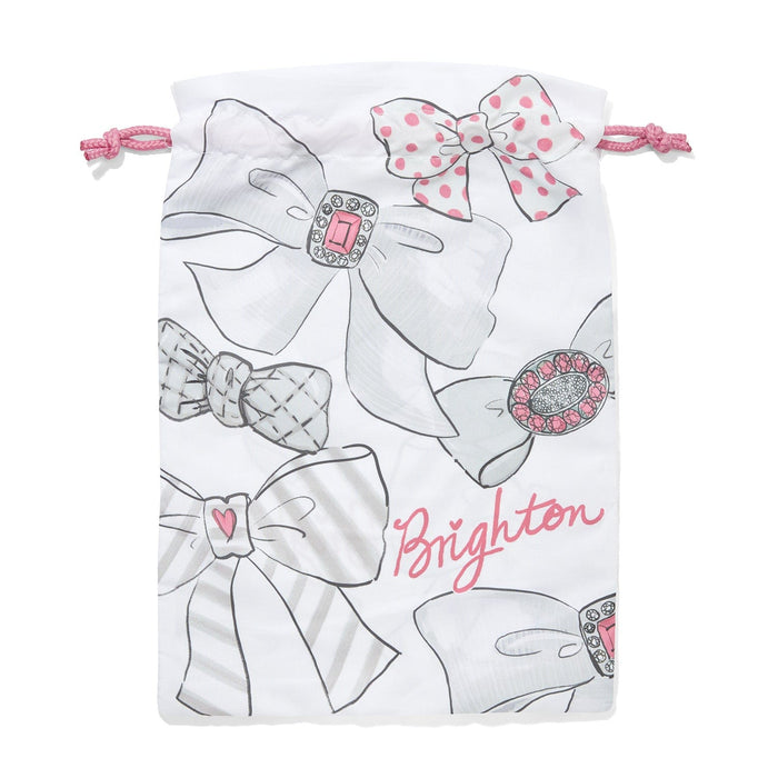 Brighton drawstring pouch with illustrated bow and ring print in pink and gray on a white background