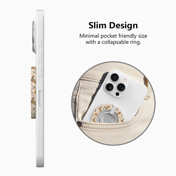 Side view of the slim Boot Scootin' Christmas grip ring with collapsible ring, and a phone with the western grip sliding into a jeans pocket