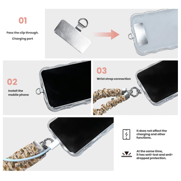 3 steps to attach a Boot Scootin' Christmas scrunchie phone wrist strap: pass the tab through the charging port, fit the case, clip on the wrist strap