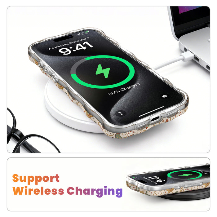 Boot Scootin' Christmas MagSafe iPhone case on a wireless charging pad, showing wireless charging works through the case