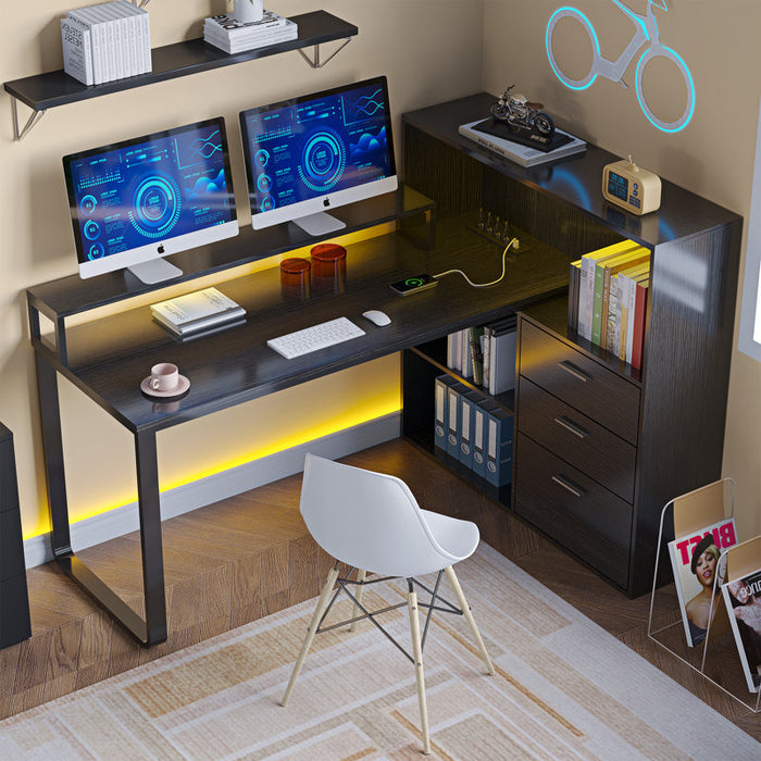 Bureau d'angle Jaemon avec lumières LED et 3 tiroirs