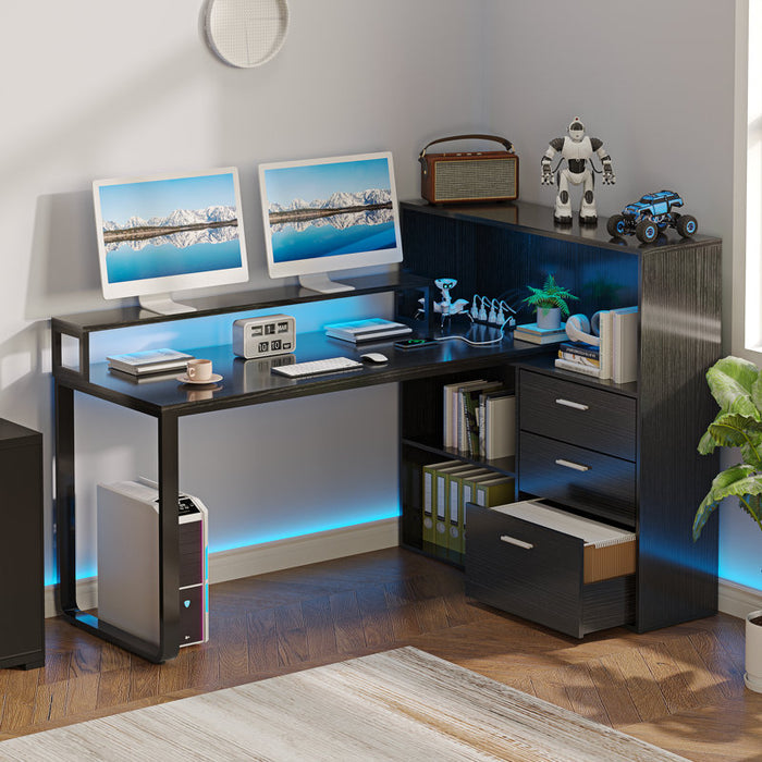 Bureau d'angle Jaemon avec lumières LED et 3 tiroirs