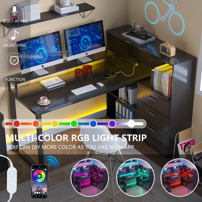 Bureau d'angle Jaemon avec lumières LED et 3 tiroirs