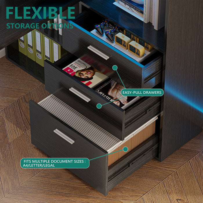 Bureau d'angle Jaemon avec lumières LED et 3 tiroirs