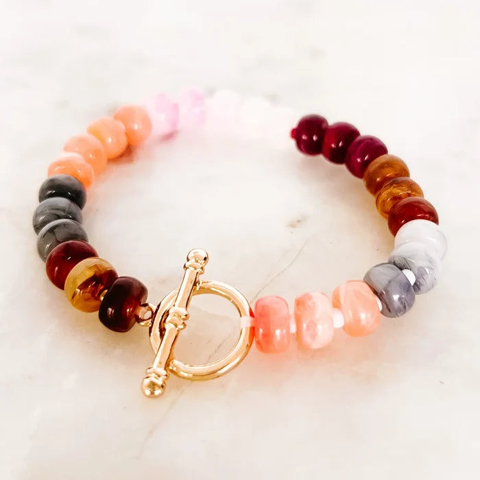 Burgundy Beaded Stretch Bracelet with Gold Toggle