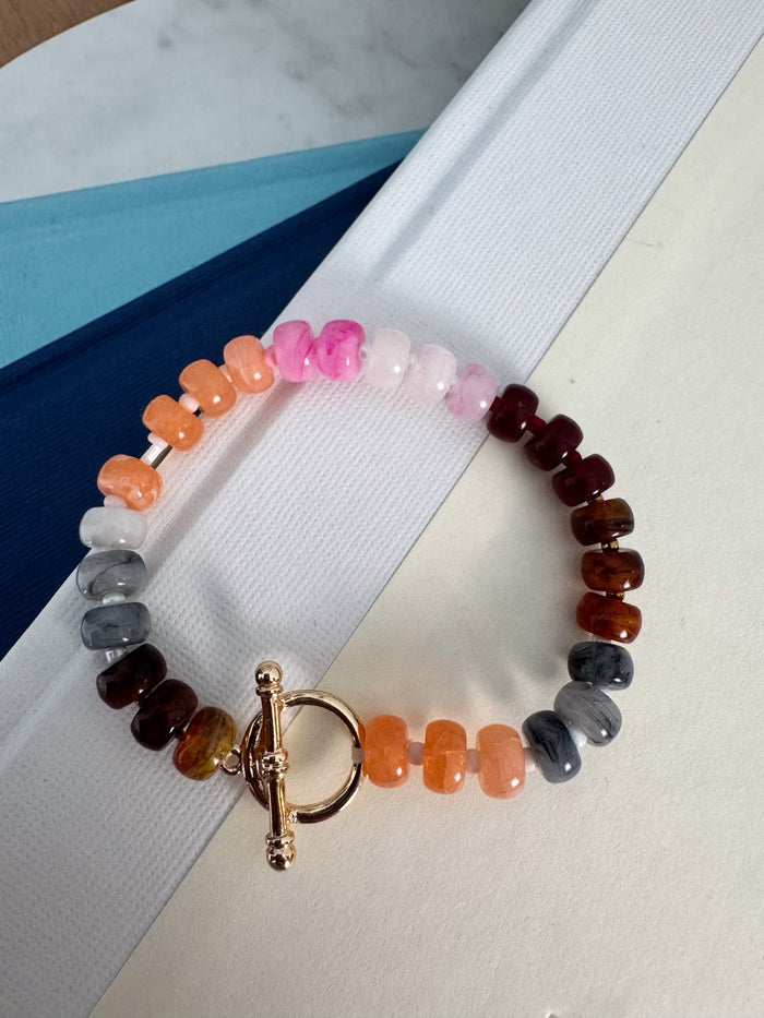 Burgundy Beaded Stretch Bracelet with Gold Toggle