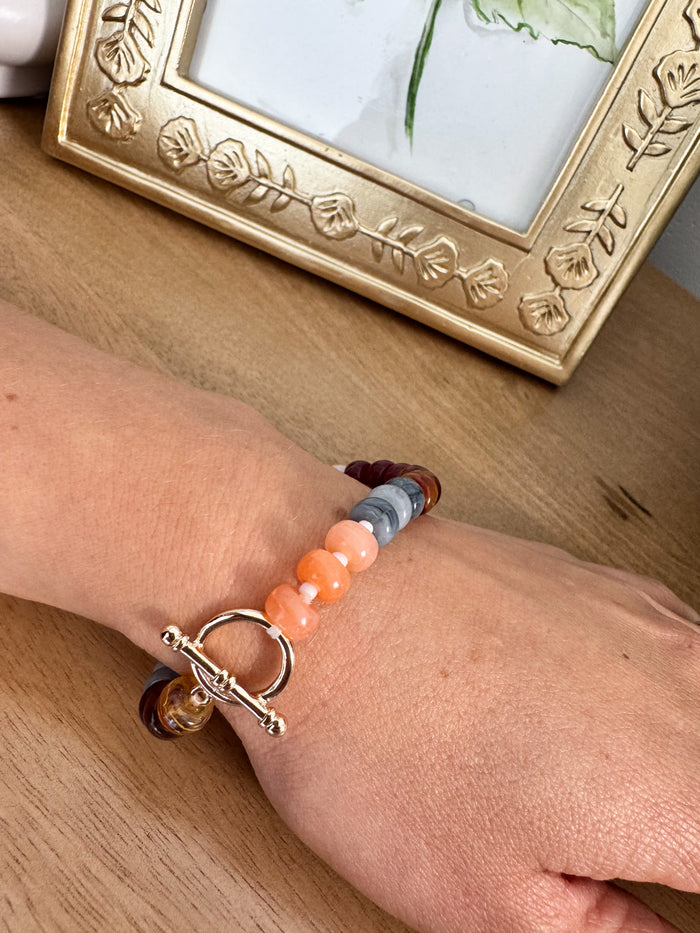 Burgundy Beaded Stretch Bracelet with Gold Toggle