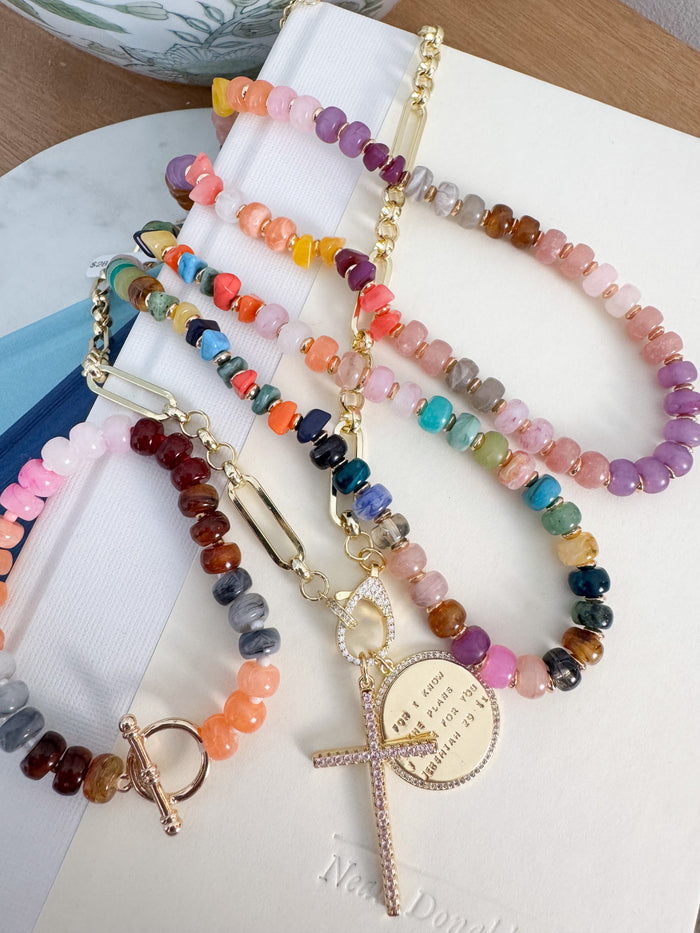 Burgundy Beaded Stretch Bracelet with Gold Toggle