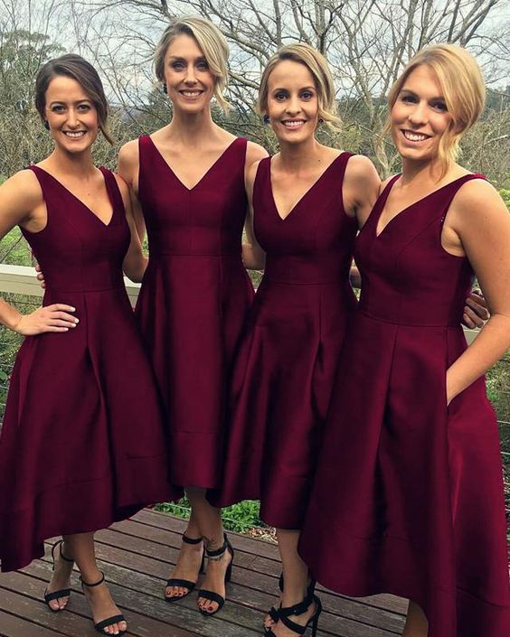 Burgundy Bridesmaid Dress 2021 V-neck Satin Asymmetrical Dress
