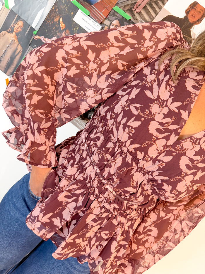 Burgundy Print Floral Blouse