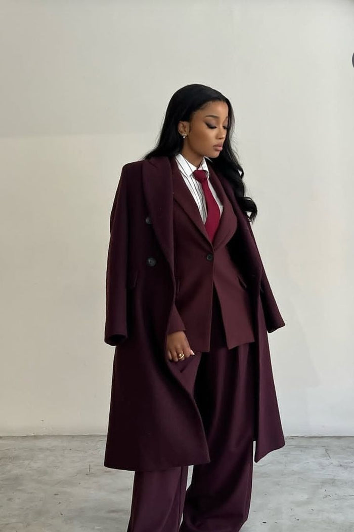 Burgundy Prom Suit for Girls 3-pc Longline Jacket Vest Pants Overcoat