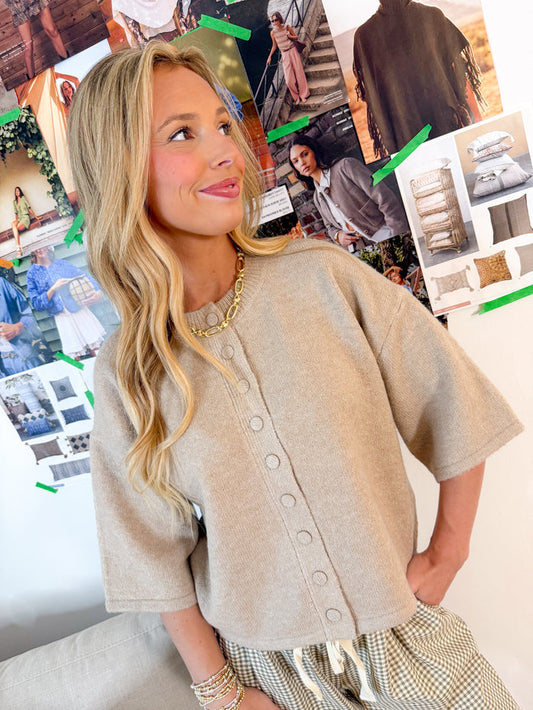 Button Front SS Sweater - Oatmeal