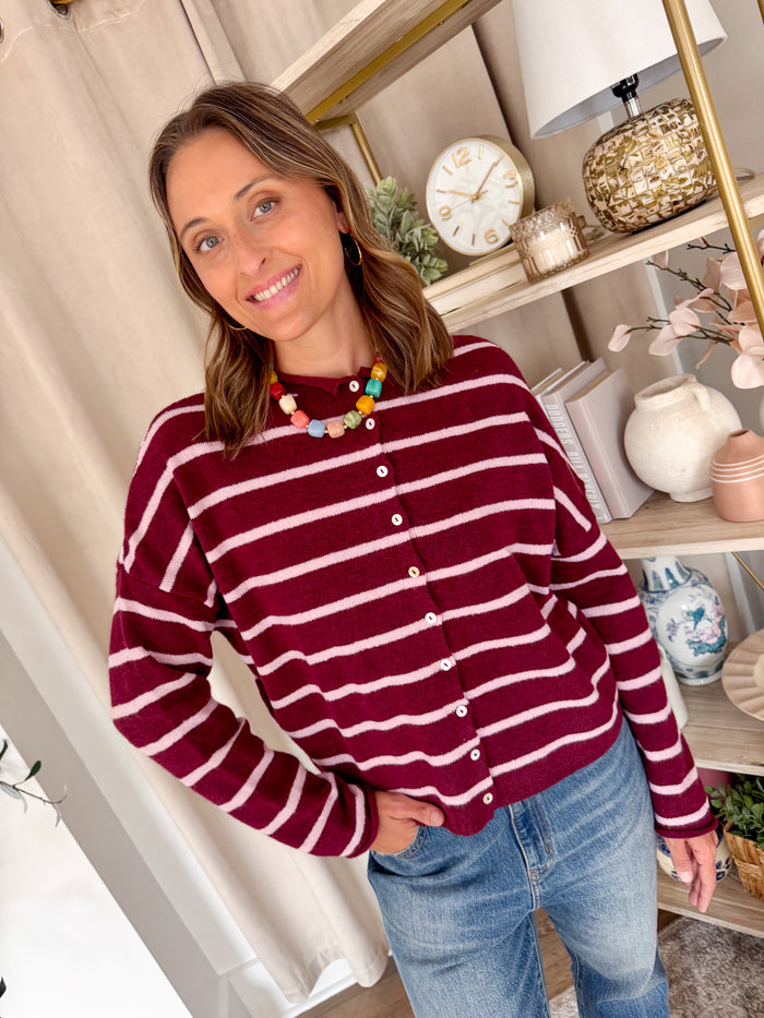 Things Between Cabana Wine + Pink Stripe Cardigan – women's cardigan