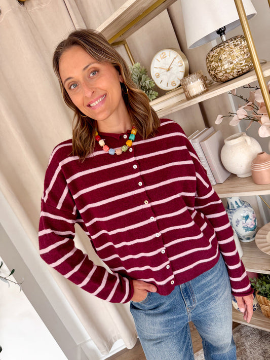 Things Between Cabana Wine + Pink Stripe Cardigan – women's cardigan