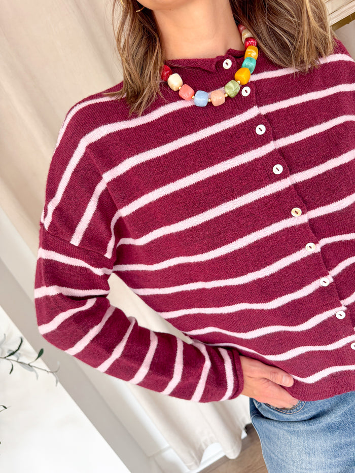 Things Between Cabana Wine + Pink Stripe Cardigan – women's cardigan