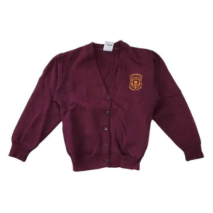 Second-hand Cardonald Primary girls burgundy jersey school cardigan, flat lay view with embroidered school badge.