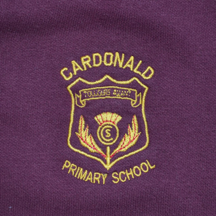 Second-hand Cardonald Primary girls burgundy jersey school cardigan, flat lay view with embroidered school badge.