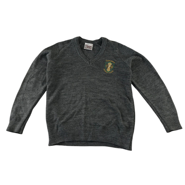 Second-hand Carmunnock Primary girls light grey knitwear school jumper, flat lay view with embroidered badge.