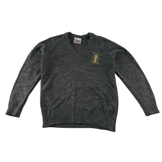 Second-hand Carmunnock Primary girls light grey knitwear school jumper, flat lay view with embroidered badge.