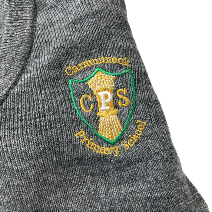 Second-hand Carmunnock Primary girls light grey knitwear school jumper, flat lay view with embroidered badge.