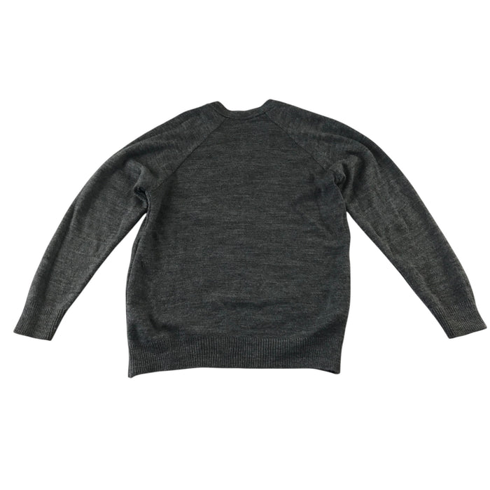 Second-hand Carmunnock Primary girls light grey knitwear school jumper, flat lay view with embroidered badge.