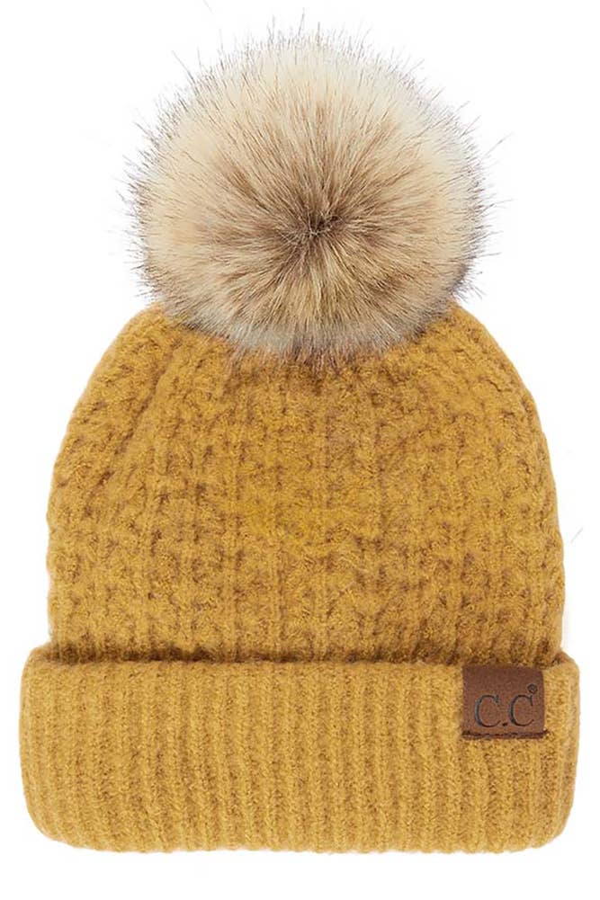 C.C Smocking Stitch Cuff Beanie with Pom